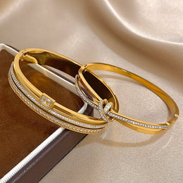 Luxury Stainless Steel Cuff Bracelet Bangle Set for Women Men Gold Plated Bracelets Inlaid White Rhinestone Wide Bangles Gift