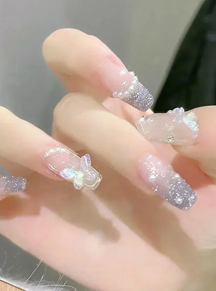 KissIcon 24Pcs Pink Rhinestones Press On Nails -