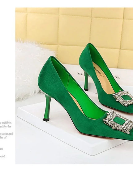 Fashion Women High Heels Metal Rhinestone Buckle Square