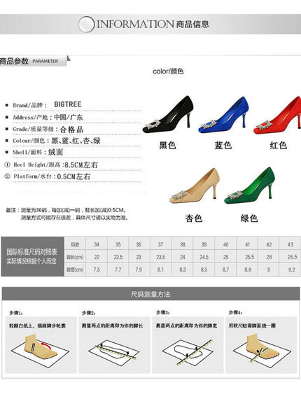 Fashion Women High Heels Metal Rhinestone Buckle Square