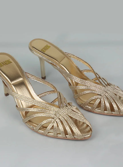 New Gold Hollow Thin Strip Heels for Women Luxury Pointed Toe Heeled Pumps Office Lady Mules Summer Stiletto Shoe Sandals 2025