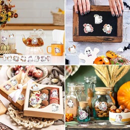 500Pcs Halloween Stickers 8 Designs Floral Ghost Decals Cute Adhesive Sealing Labels for Grocery Baking Bag Party Favor Supplies