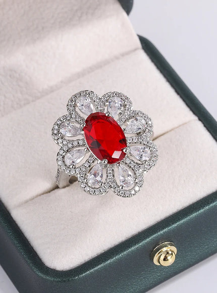 Fashion Drop Pendant Pear-shaped Zirconia Ring 925 Stamp High Quality Jewellery Imitation Natural Pigeon Blood Ruby Oval Ring