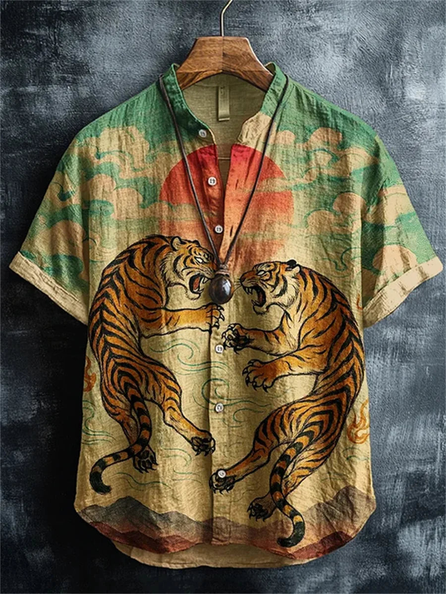 Men's short-sleeved shirt, samurai ink painting print, loose and breathable casual top, trendy retro design Hawaiian shirt.