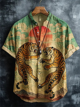 Men's short-sleeved shirt, samurai ink painting print, loose and breathable casual top, trendy retro design Hawaiian shirt.