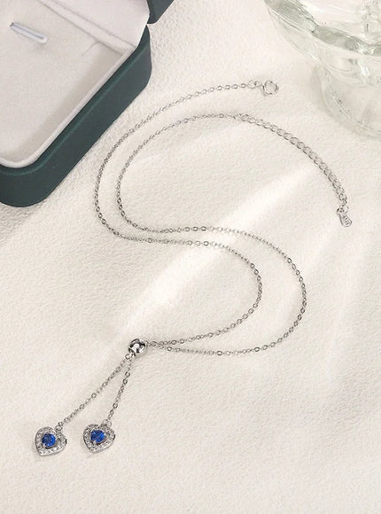 Classic Double Heart Blue Zircon Pendant Necklace - Sparkle