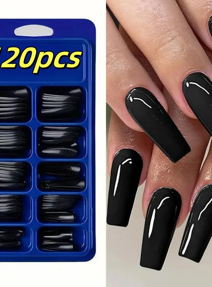 Long Coffin Black Press On Nails Full Cover