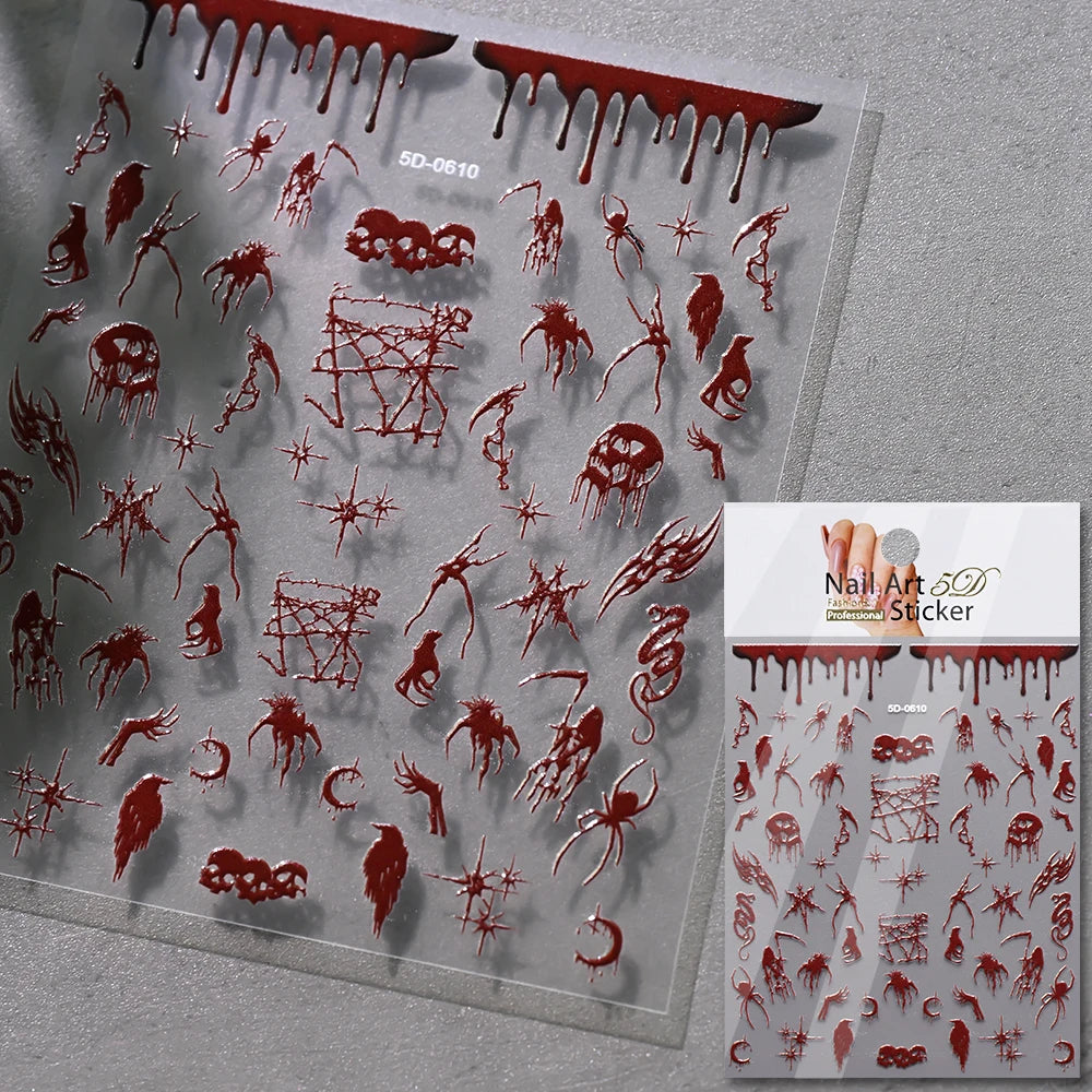 5D Skeleton Bat Halloween Nail Art Stickers y2k Black Bat White Skull Adhesive Emobossed Nail Decorative Decals Halloween Slider