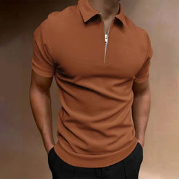 Men's polo shirt solid color short-sleeved zipper lapel T-shirt casual top