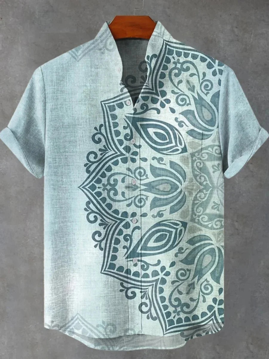 Summer Men's Printed Short Sleeve Shirt Vintage Linen Shirt Men's Festival Casual Short Sleeve Top Street Trend Fast Delivery