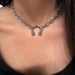 Hip Hop Punk Sliver Color Stainless Steel Geometry Pendant Chunky Chain Choker Necklace For Men Women Gothic Y2K Grunge Jewelry