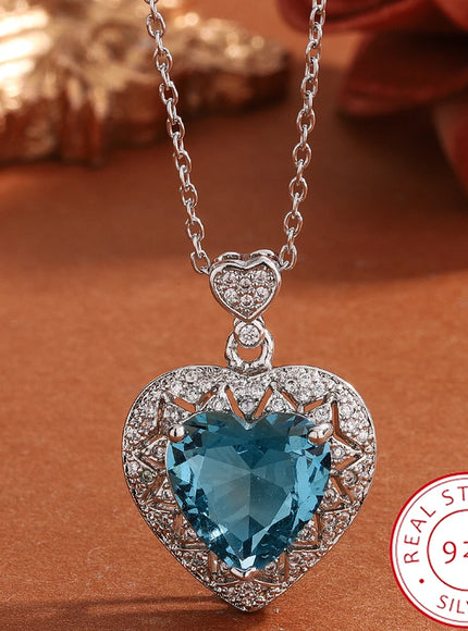 Blue Heart Zircon Pendant Necklace Sparkling 925 Silver Gift