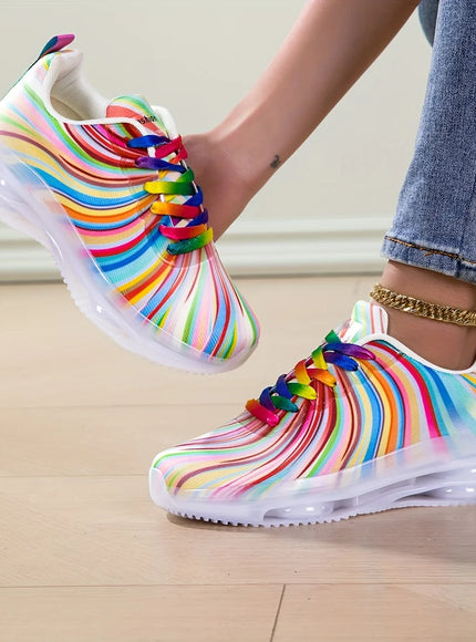 Women's Rainbow Stripe Casual Sports Shoes Summer Mesh Fashion Flat Beach and Leisure Holiday Lace-up Running Shoes for Ladies