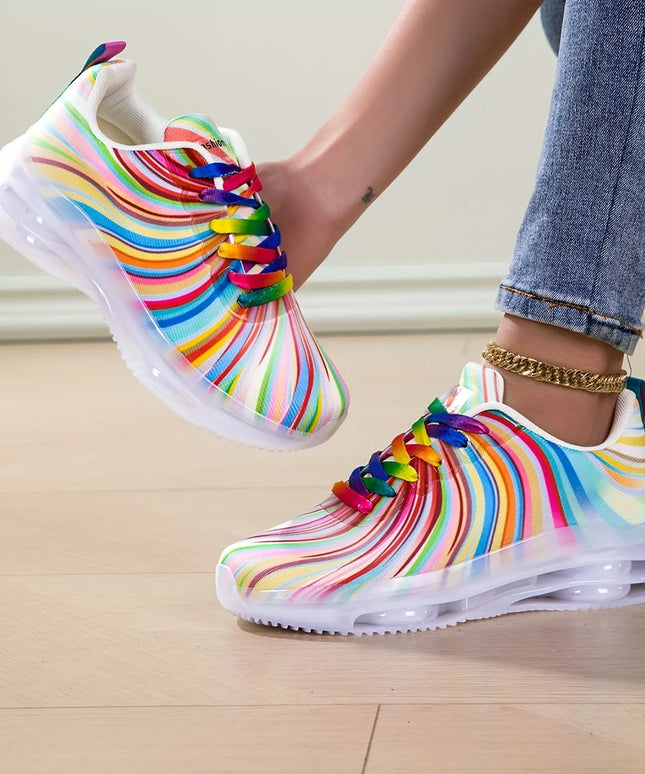 Women's Rainbow Stripe Casual Sports Shoes Summer Mesh Fashion Flat Beach and Leisure Holiday Lace-up Running Shoes for Ladies