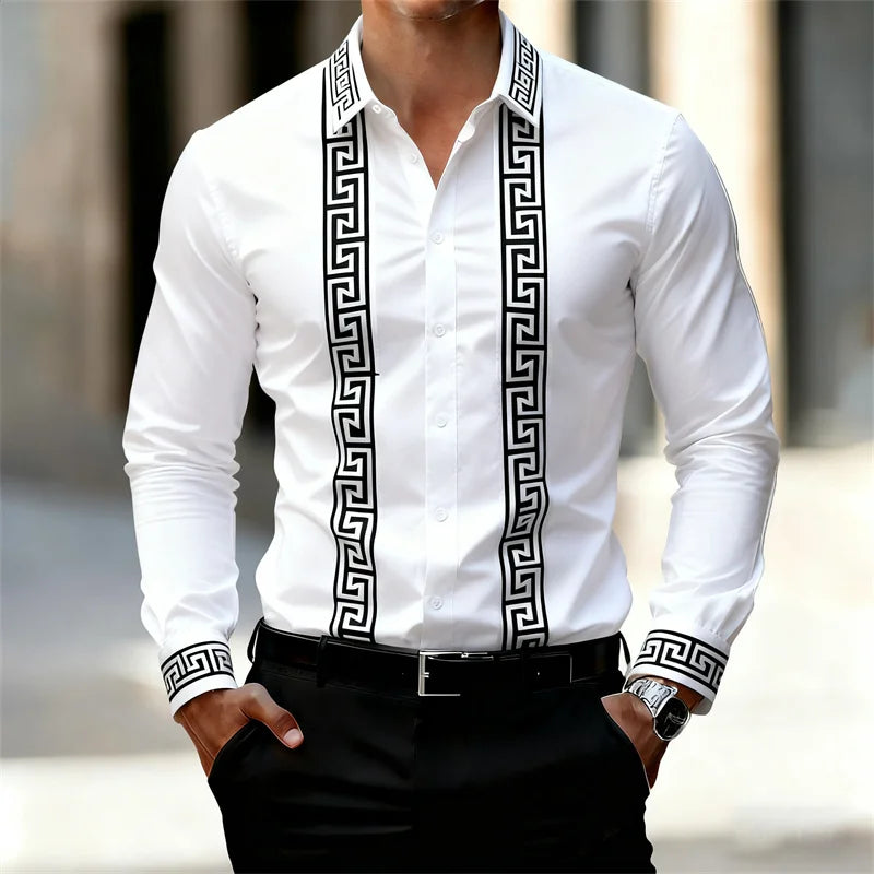 Men's Retro Geometric Print Shirt, Stylish Long-Sleeve Black Shirt, Business Casual Men's Top, Multiple Colors Available, XS-6XL
