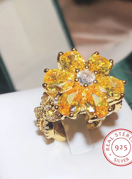 💋 New Women's Ring Yellow Zircon Flower - Silver Plated