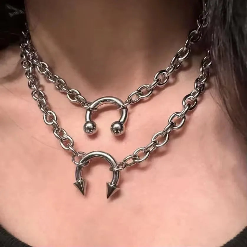 Hip Hop Punk Sliver Color Stainless Steel Geometry Pendant Chunky Chain Choker Necklace For Men Women Gothic Y2K Grunge Jewelry
