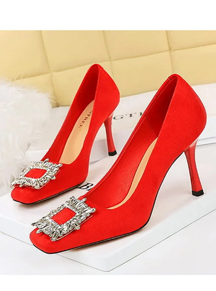 Fashion Women High Heels Metal Rhinestone Buckle Square