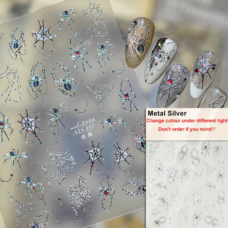 Shiny Silver Spider Web Insect Butterfly Dark Black Rose Flowers Ladybug Cicada Horrible Halloween Y2K Nail Art Stickers Decals