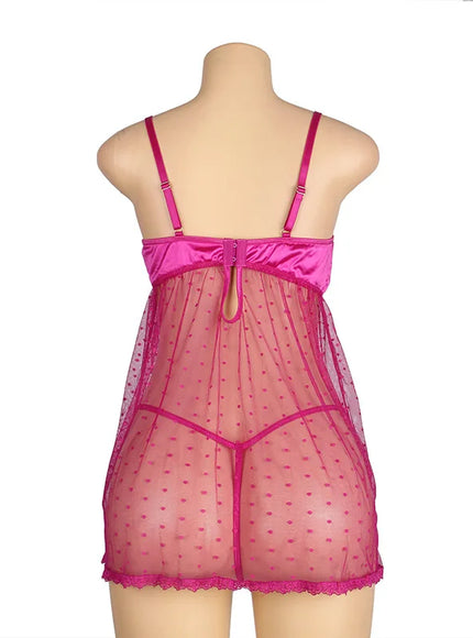 Lovely Transparent lace mesh with polka dots Hot Pink Woman babydoll chemise lingerie set pajama set with G-String from M-5XL