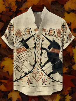 Men's short-sleeved shirt, samurai ink painting print, loose and breathable casual top, trendy retro design Hawaiian shirt.