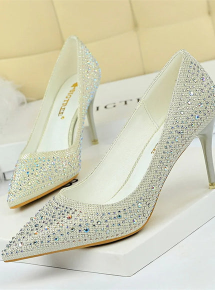 Shallow Mouth Pointed Color Rhinestone Pumps Fashion Wedding
