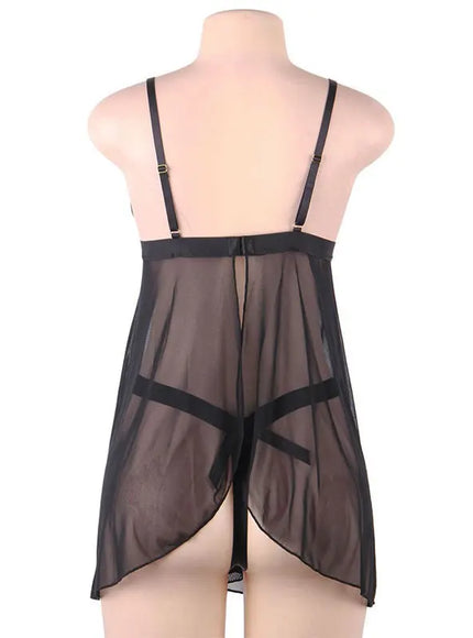 Plus Size Sexy women black mesh transparent babydoll chemise nighgown sleepwear lingerie Set from M-5XL