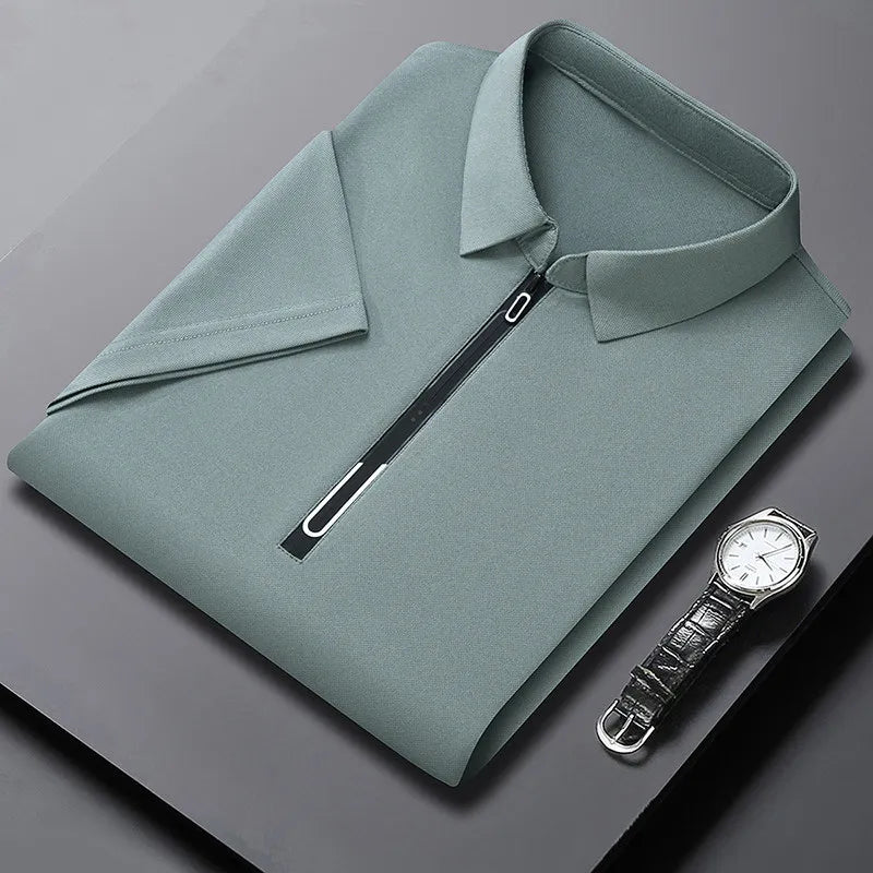 New Men's Business Casual Zipper Short Sleeve Solid Color Polo Shirt Fashionable Warm Comfortable Four Seasons Versatile Top