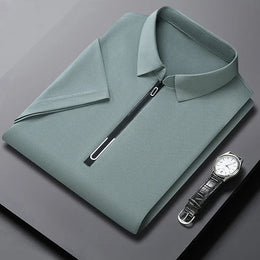 New Men's Business Casual Zipper Short Sleeve Solid Color Polo Shirt Fashionable Warm Comfortable Four Seasons Versatile Top