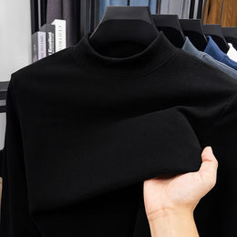 2026 New Men's Casual Solid Color High Collar Velvet Long Sleeve T-shirt Spring and Autumn Versatile Comfortable Top