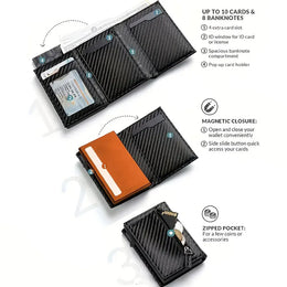 Men's Wallet with Zipper Coin Purse Automatic Pop-up Metal Credit Card Holder Minimalist RFID Blocking Business Card Wallet Idea
