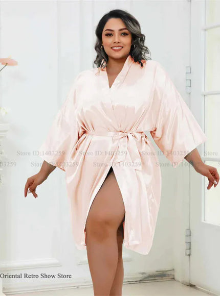 Plus Size Women Robe Half Sleeve Bathrobe Kimono