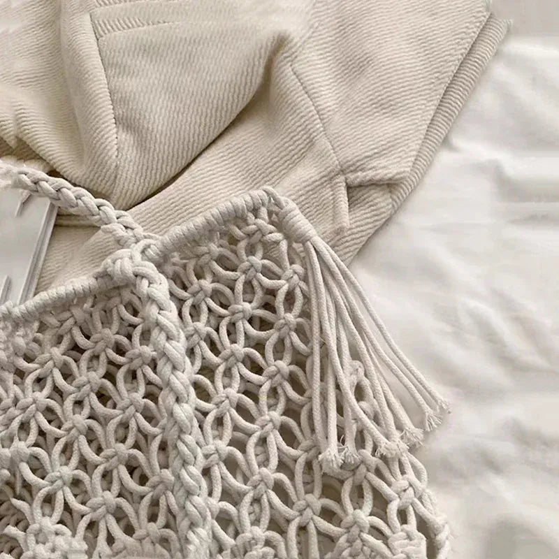 KissICON Tassel Cotton Crochet Tote – Mesh Beach Vacation