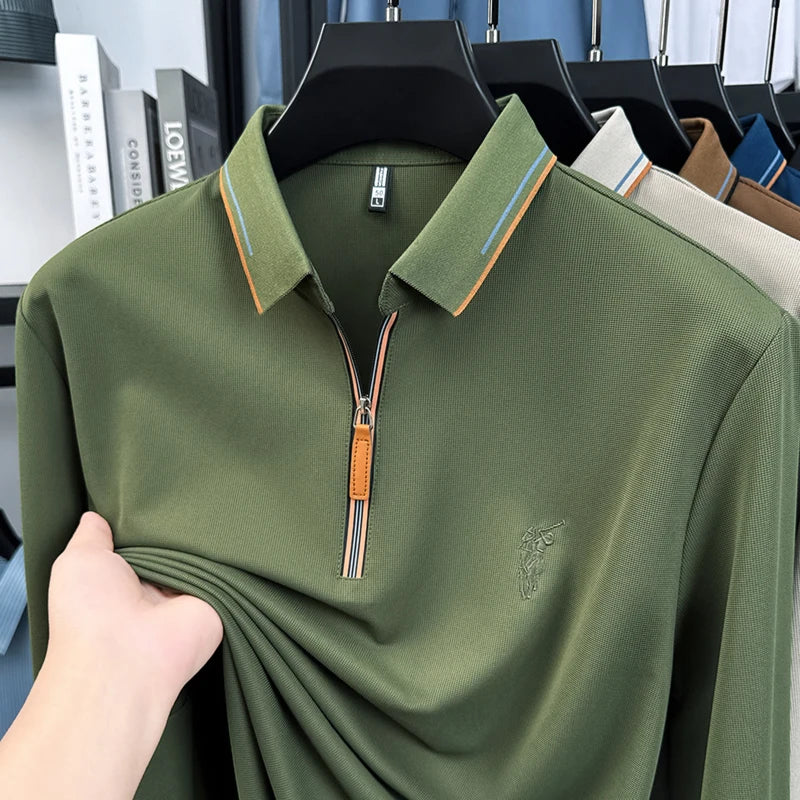 Men's Cotton Long Sleeved T-shirt with Collar Polo Shirt High-end Embroidered Top Autumn Loose Base Shirt
