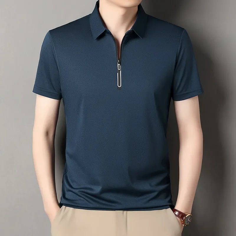 New Men's Business Casual Zipper Short Sleeve Solid Color Polo Shirt Fashionable Warm Comfortable Four Seasons Versatile Top