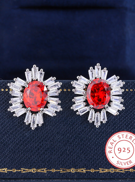 Beautiful 925 Silver Plated Stud Earrings for Women Fashion Red Zircon Jewelry Sparkling Party Earrings High Class Accessories