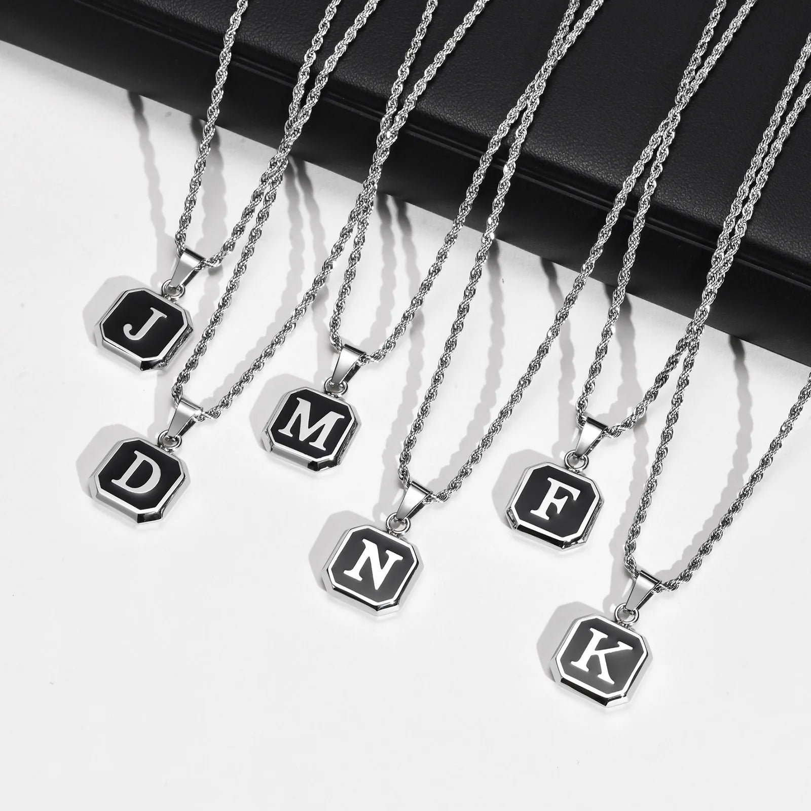 Initials Necklaces for Men Women,A-Z 26 Letters Black Square Stainless Steel Pendant Collar,45-60CM Twisted Rope Chain Gifts