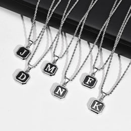 Initials Necklaces for Men Women,A-Z 26 Letters Black Square Stainless Steel Pendant Collar,45-60CM Twisted Rope Chain Gifts
