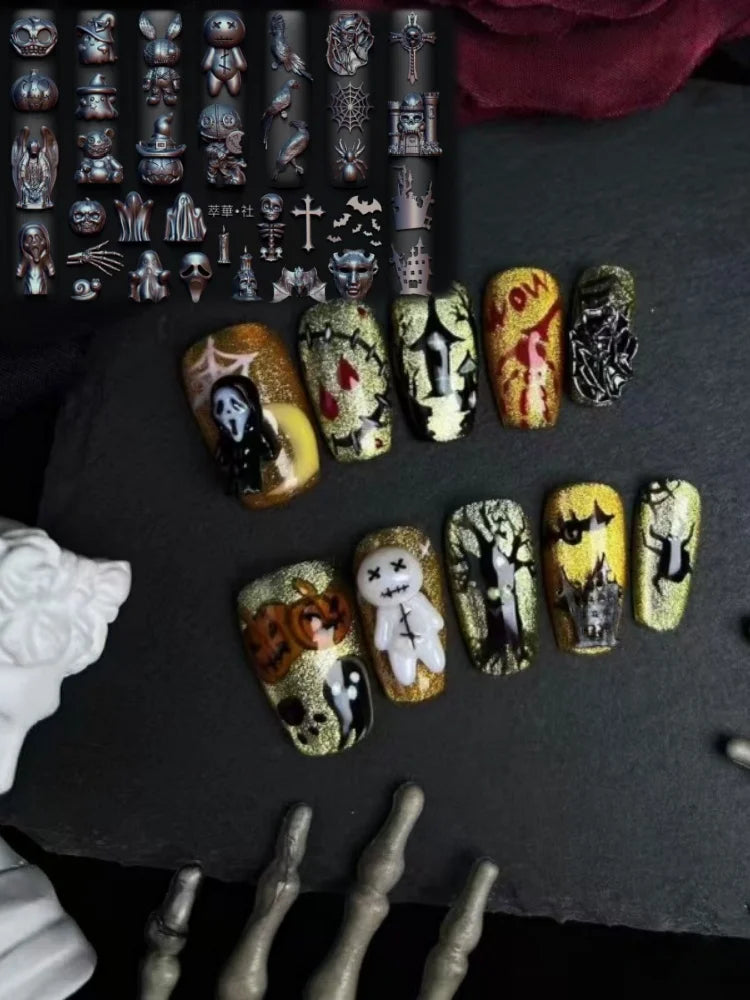 1 Halloween Pumpkin Skull Bat Ghost Spider Web Castle Candle Candy 3D Nail Decoration Holiday Dark Style Nail Mold