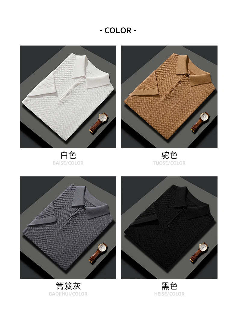 Business High-End Quality Men's Silk Pullover Short Sleeved POLO Neck Solid Color Breathable T-Shirt Knit Bottom Top 2023 Summer