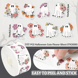 500Pcs Halloween Stickers 8 Designs Floral Ghost Decals Cute Adhesive Sealing Labels for Grocery Baking Bag Party Favor Supplies
