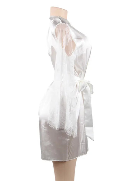 Big Size Women's Faux Silk Robe Set Transparent V Neck Sleepwear Nightgown Plus Size Sexy Babydoll Lingerie with Panties