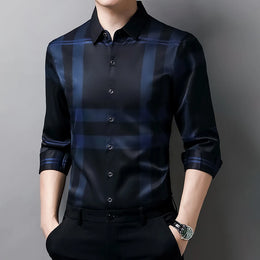 New Men's Casual Printed Long Sleeved Lapel Shirt for Spring and Autumn Fashion Comfortable Wrinkle Free Top Without Ironing