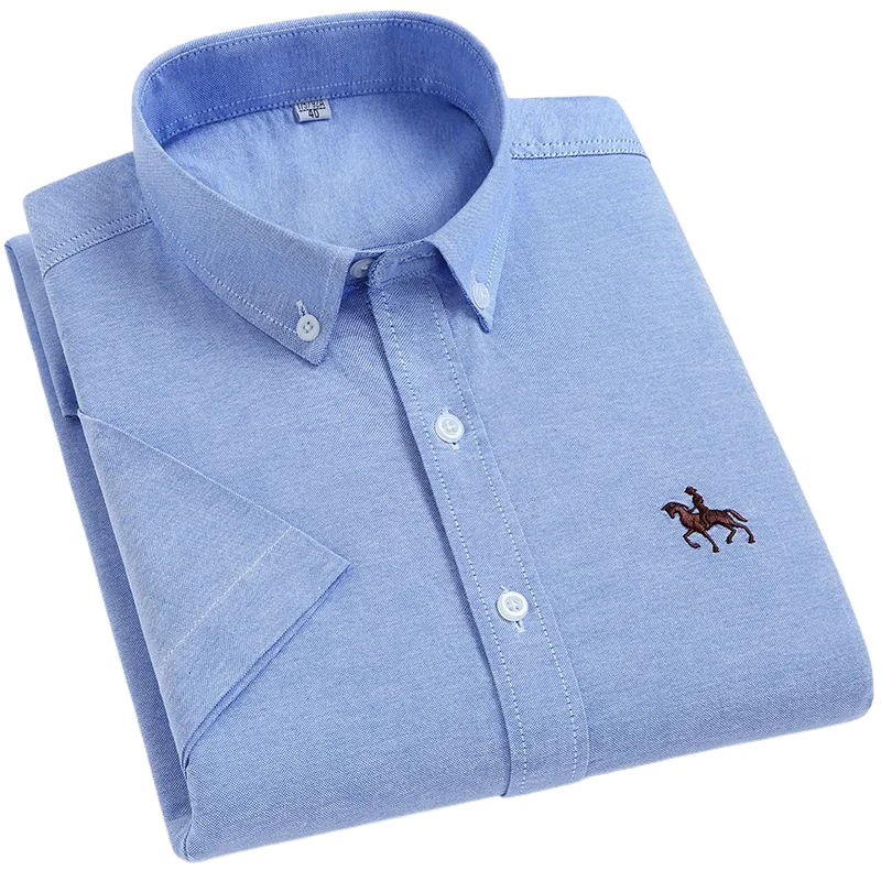 100% Cotton Oxford Shirt Men's Summer short sleeved Sleeve Embroidered Horse Casual Without Pock et Solid Shirt Plus Size S-6XL