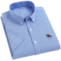 100% Cotton Oxford Shirt Men's Summer short sleeved Sleeve Embroidered Horse Casual Without Pock et Solid Shirt Plus Size S-6XL