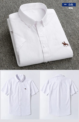 100% Cotton Oxford Shirt Men's Summer short sleeved Sleeve Embroidered Horse Casual Without Pock et Solid Shirt Plus Size S-6XL