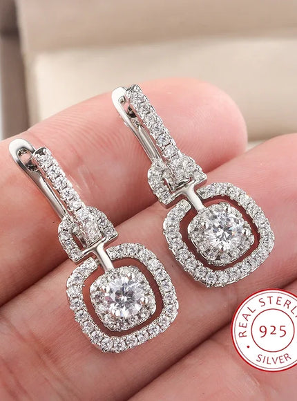 Kiss Icon Silver Square Drop Earrings - Elegant Zircon Shine
