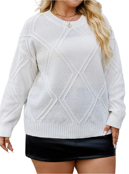 Plus Size Women's Diamond Patterned Casual Sweater Pullover Solid Color Long Sleeved Top Autumn Winter Warm Base Sweaters