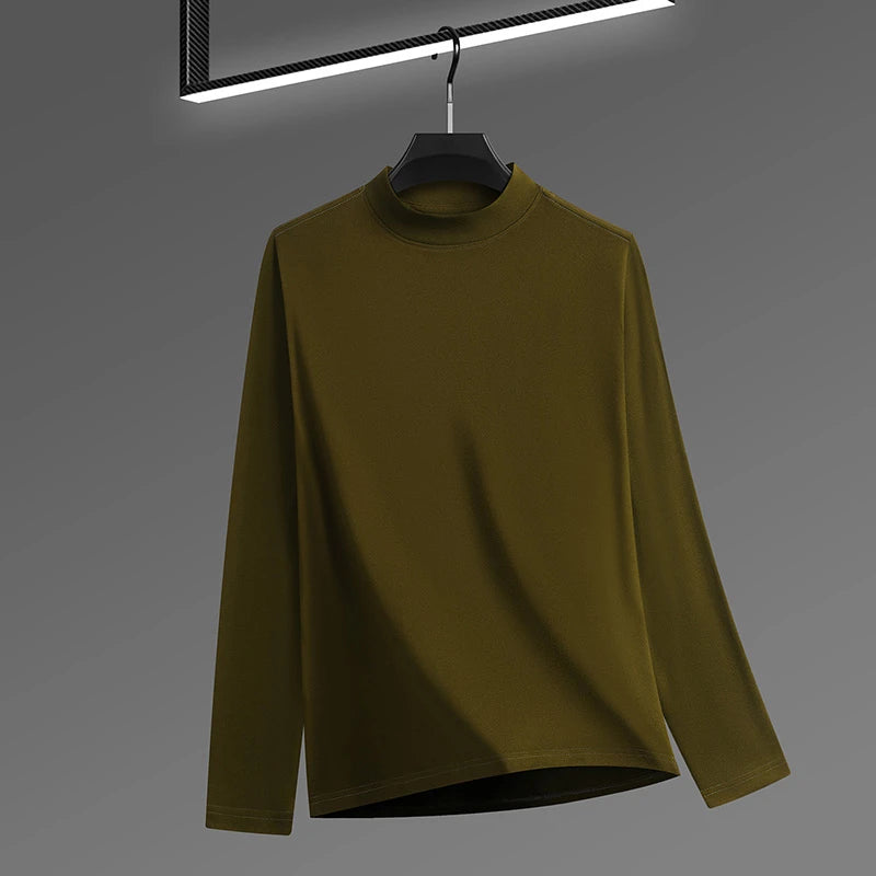 2026 New Men's Casual Solid Color High Collar Velvet Long Sleeve T-shirt Spring and Autumn Versatile Comfortable Top