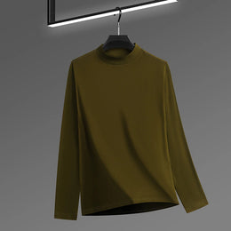 2026 New Men's Casual Solid Color High Collar Velvet Long Sleeve T-shirt Spring and Autumn Versatile Comfortable Top